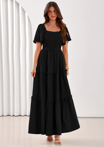 Swiss Dot Smocked Maxi Dress - Short Sleeve, Square Neck, Boho - photo 8