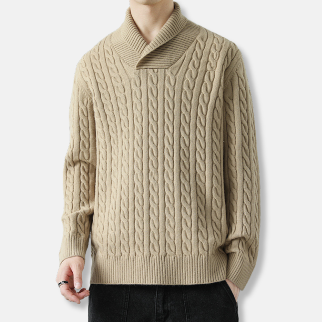 Men's Cable Knit Shawl Collar Sweater In Knit Blend Relaxed Fit