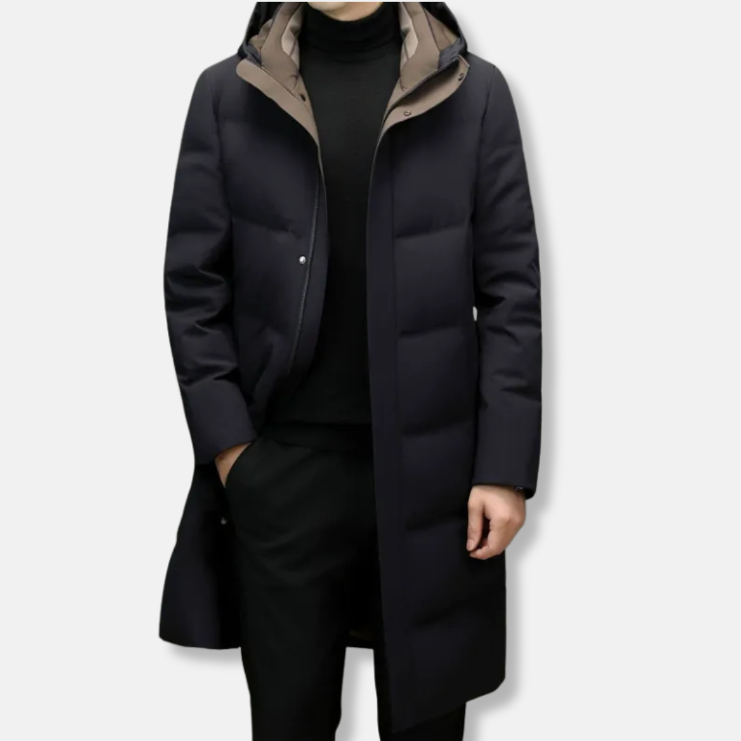 Mens Quilted Down Coat Hooded Knee Length Relaxed Fit Winter Outerwear