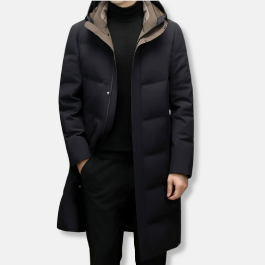 Mens Quilted Down Coat Hooded Knee Length Relaxed Fit Winter Outerwear