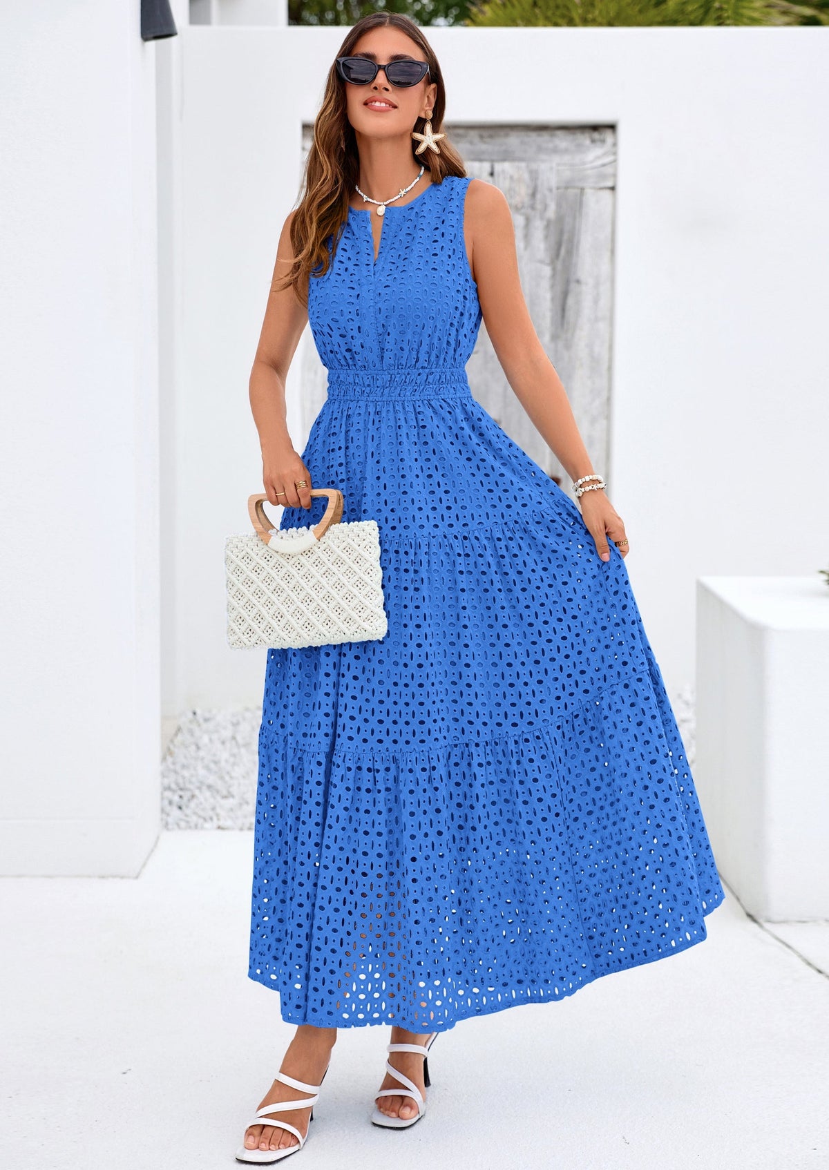 Eyelet A-Line Flowy Maxi Dress - Sleeveless, V-Neck, Beach - photo 39