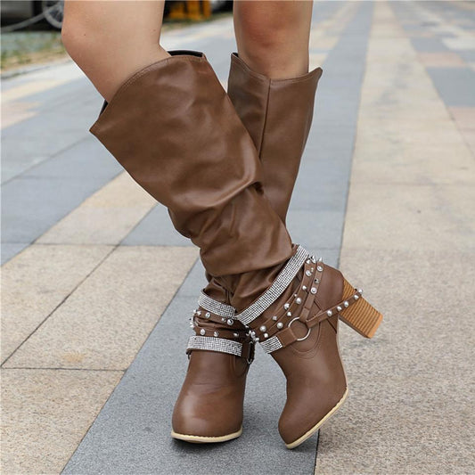 Women's Knee-High Boots - Slouchy Design - Block Heel