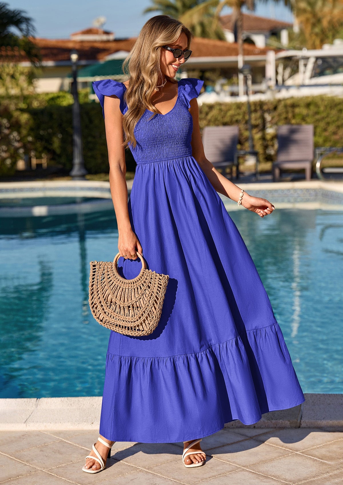 Smocked Maxi Dress - Cap Sleeve, V-Neck, Casual - photo 30