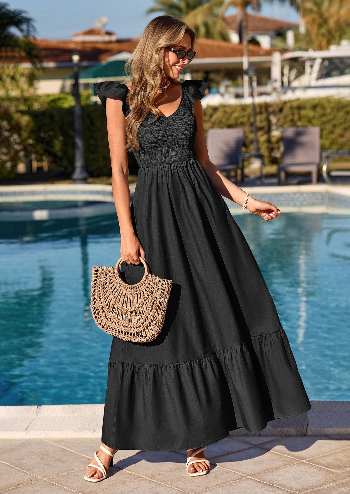 Smocked Maxi Dress - Cap Sleeve, V-Neck, Casual - photo 11