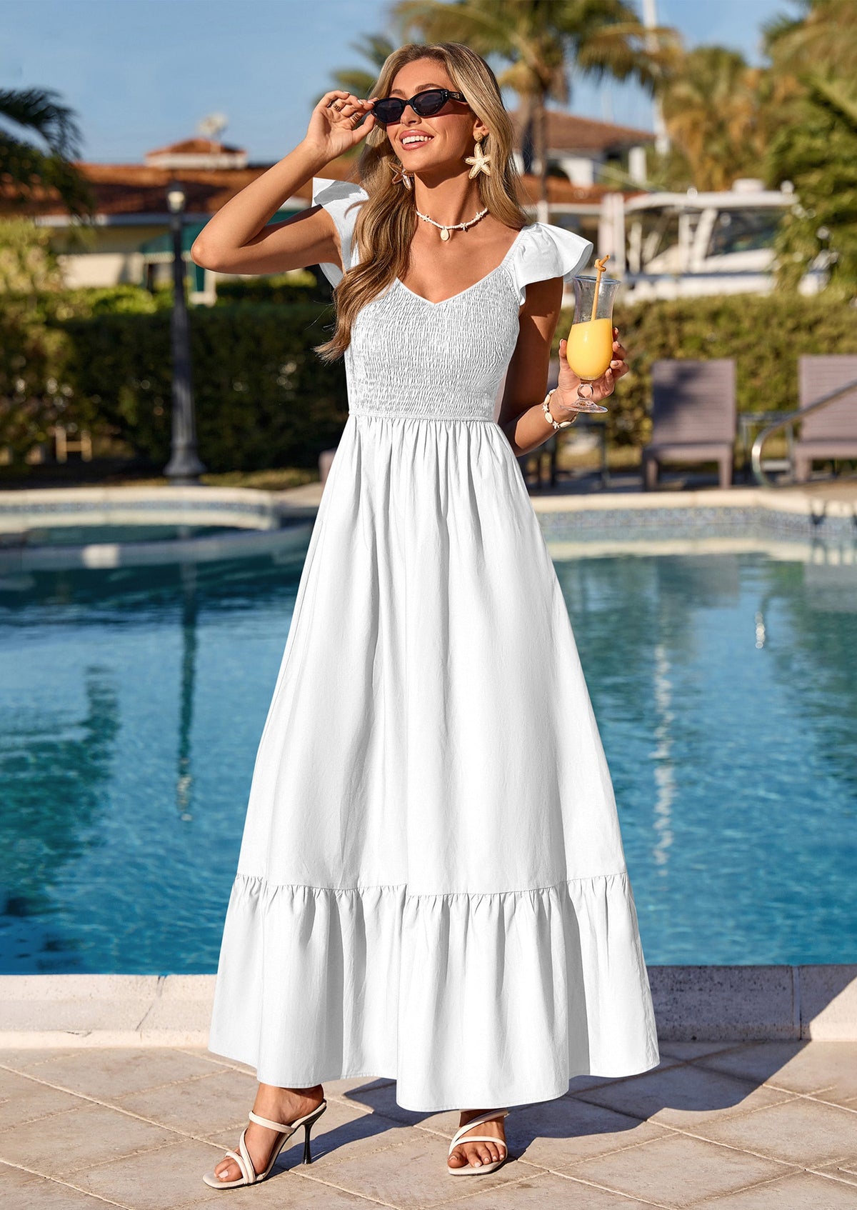 Smocked Maxi Dress - Cap Sleeve, V-Neck, Casual - photo 39