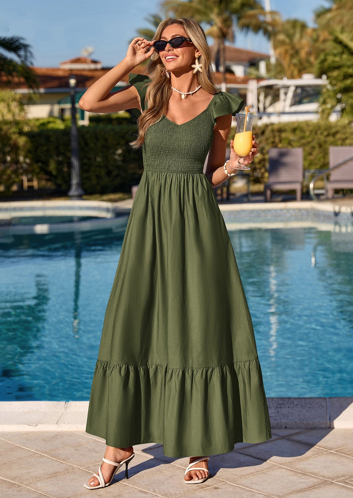 Smocked Maxi Dress - Cap Sleeve, V-Neck, Casual - photo 3