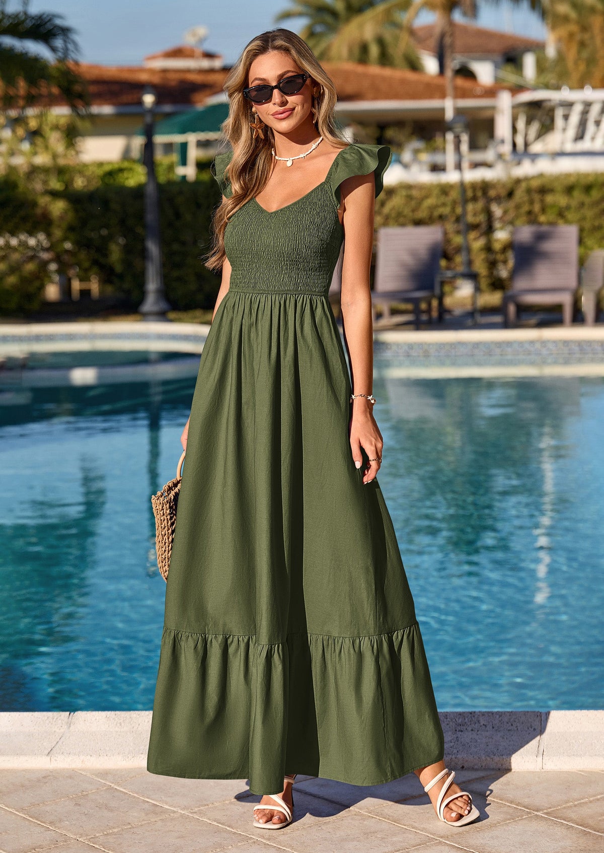 Smocked Maxi Dress - Cap Sleeve, V-Neck, Casual - photo 2