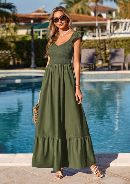 Smocked Maxi Dress - Cap Sleeve, V-Neck, Casual - photo 2