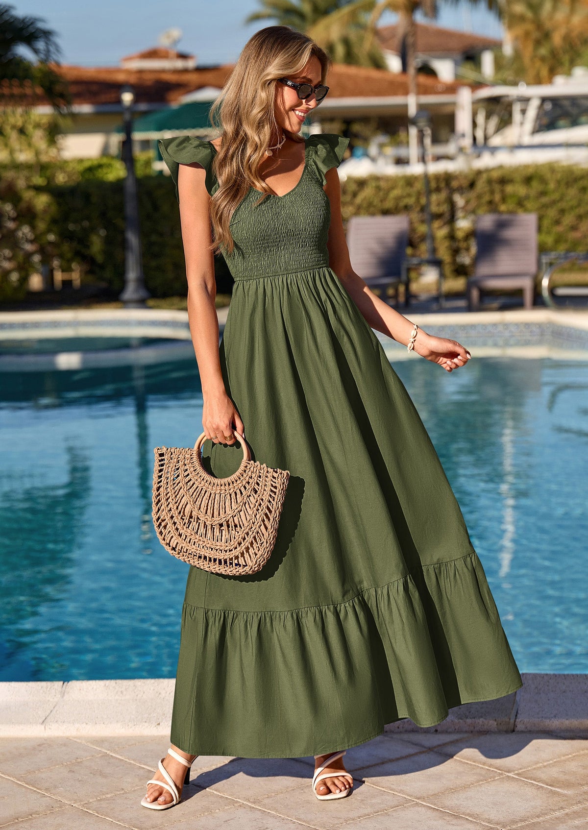 Smocked Maxi Dress - Cap Sleeve, V-Neck, Casual - photo 4