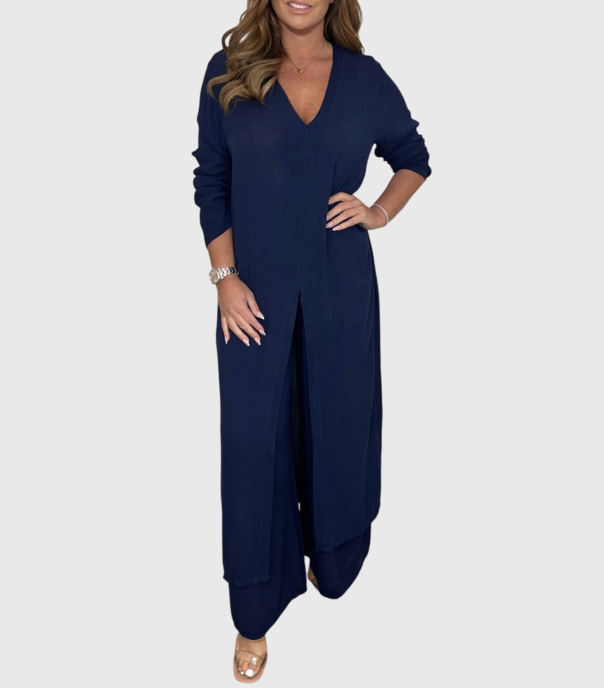 Cream open-front duster cardigan wide-leg pants two-piece set with flowing silhouette