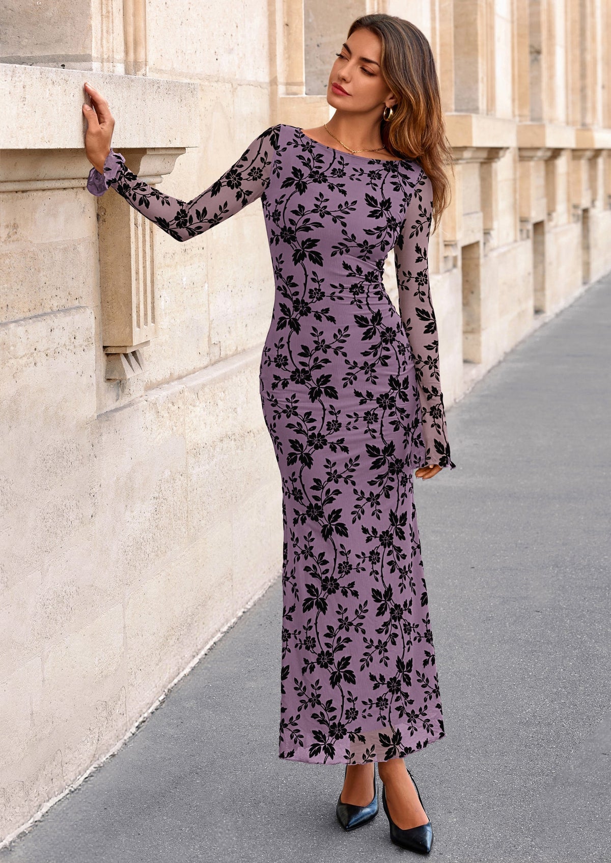 Floral Mesh Bodycon Maxi Dress - Long Sleeve, Boat Neck, photo 39