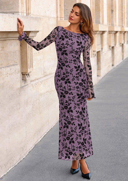 Floral Mesh Bodycon Maxi Dress - Long Sleeve, Boat Neck, photo 39