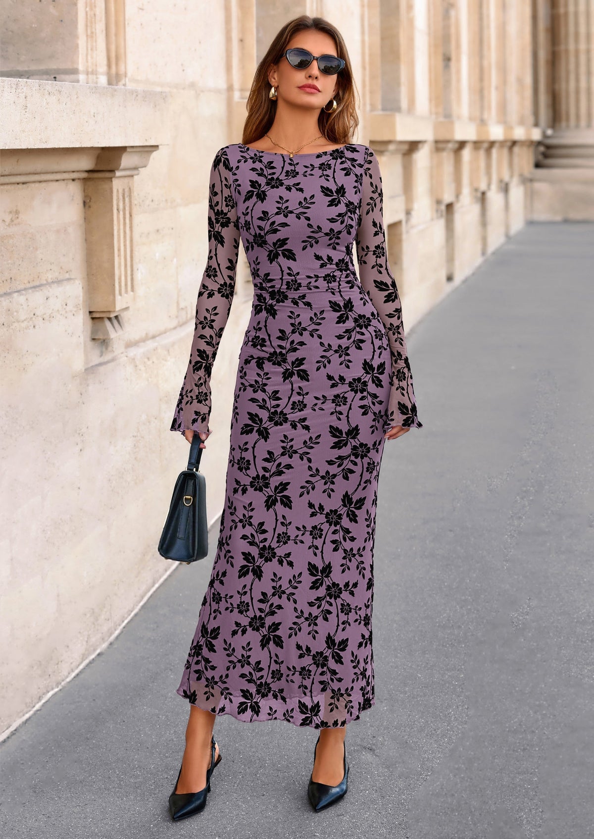Floral Mesh Bodycon Maxi Dress - Long Sleeve, Boat Neck, photo 40