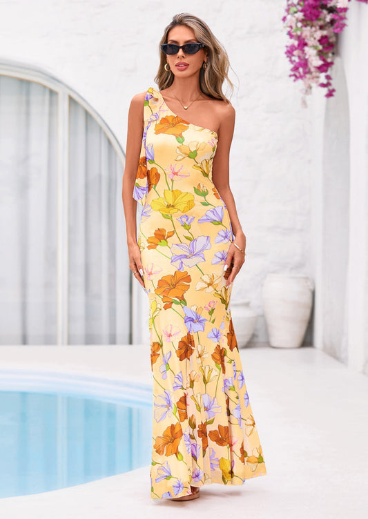 Floral Apricot Floral Mesh Bodycon Maxi Dress - One-Shoulder, photo 1
