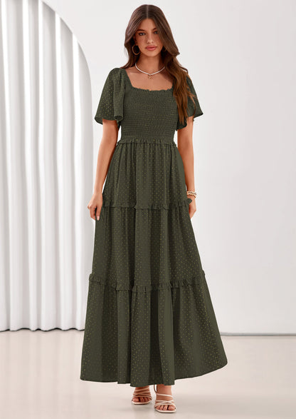 Swiss Dot Smocked Maxi Dress - Short Sleeve, Square Neck, Boho - photo 35