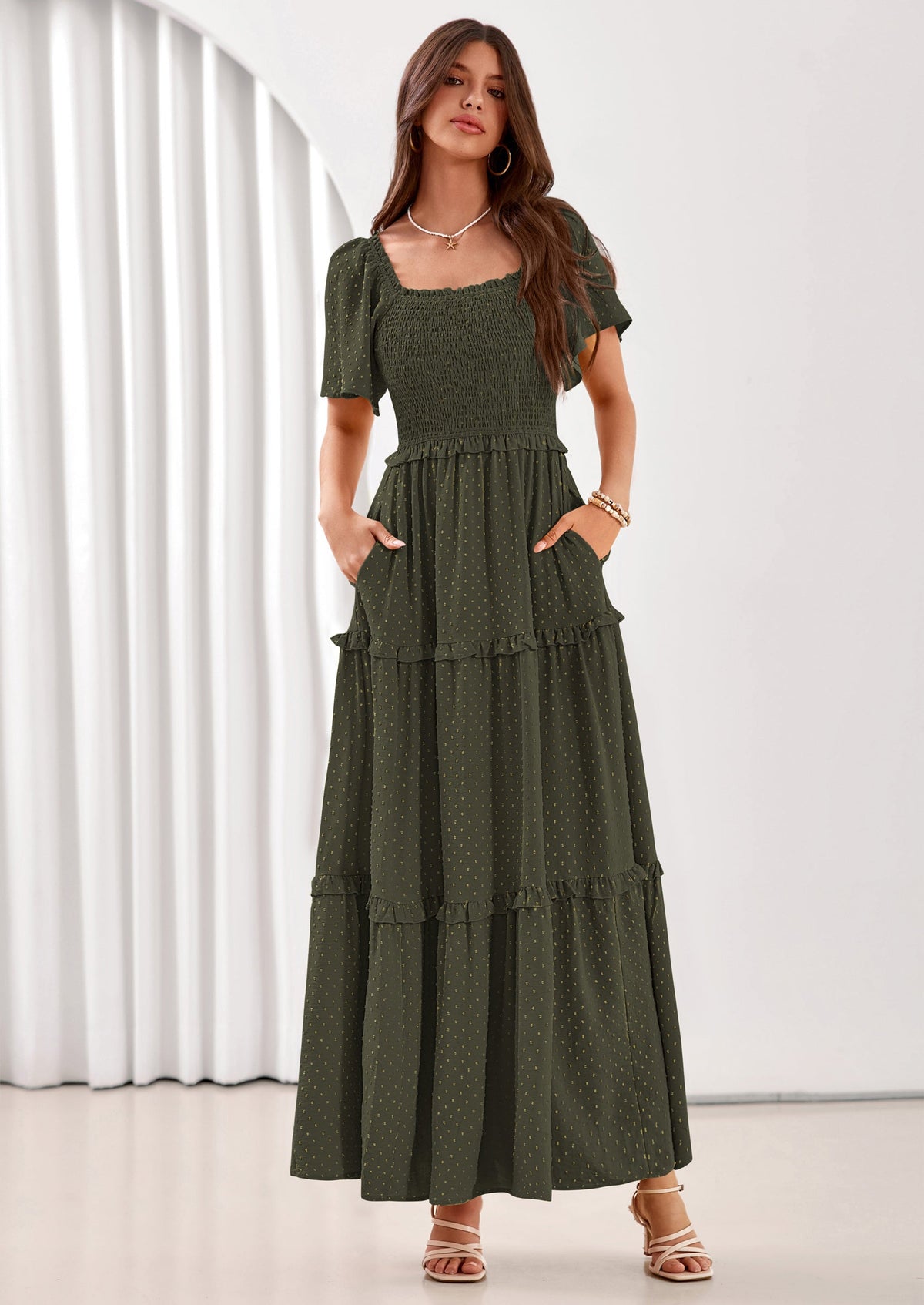 Swiss Dot Smocked Maxi Dress - Short Sleeve, Square Neck, Boho - photo 32