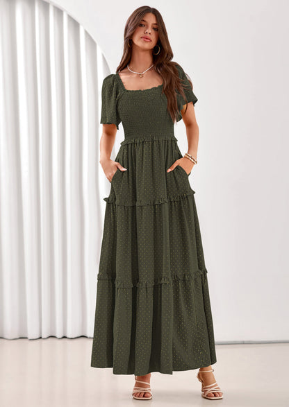 Swiss Dot Smocked Maxi Dress - Short Sleeve, Square Neck, Boho - photo 32