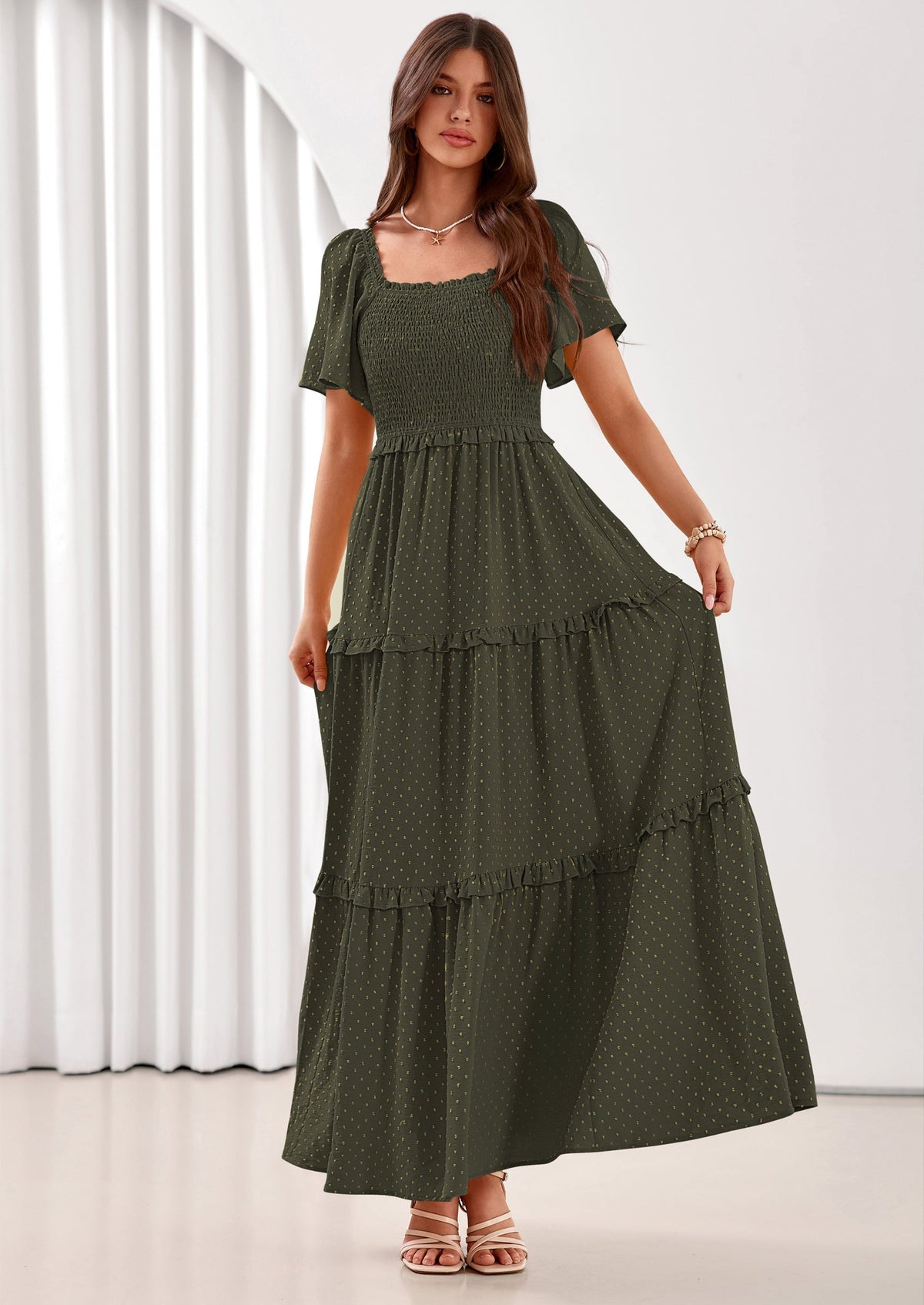 Swiss Dot Smocked Maxi Dress - Short Sleeve, Square Neck, Boho - photo 37