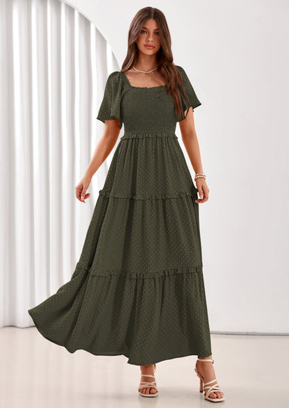 Swiss Dot Smocked Maxi Dress - Short Sleeve, Square Neck, Boho - photo 36