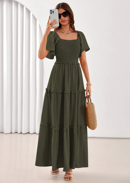 Swiss Dot Smocked Maxi Dress - Short Sleeve, Square Neck, Boho - photo 34