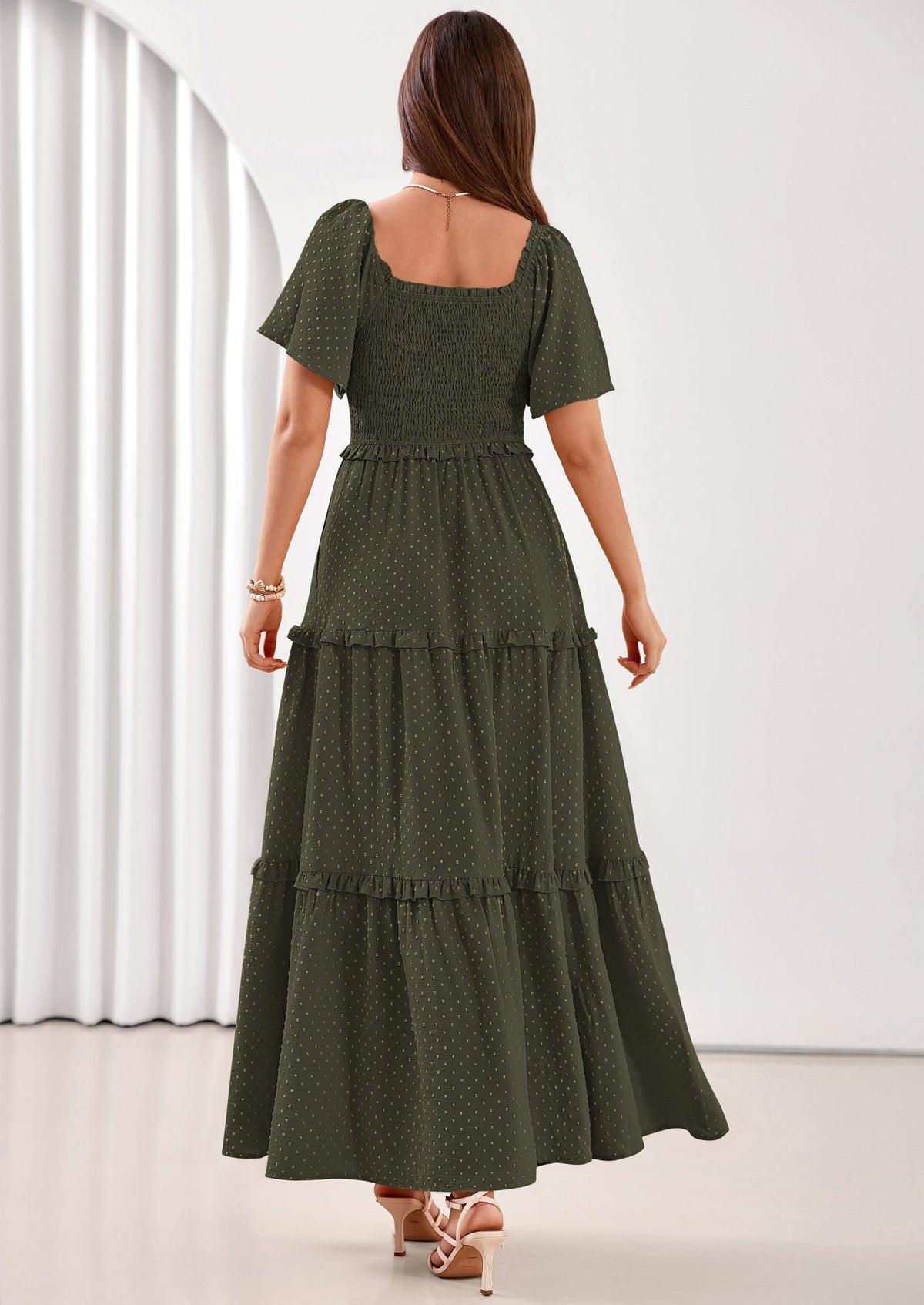 Swiss Dot Smocked Maxi Dress - Short Sleeve, Square Neck, Boho - photo 33