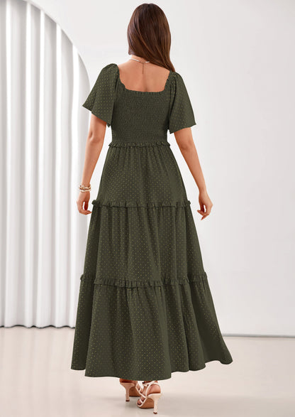 Swiss Dot Smocked Maxi Dress - Short Sleeve, Square Neck, Boho - photo 33