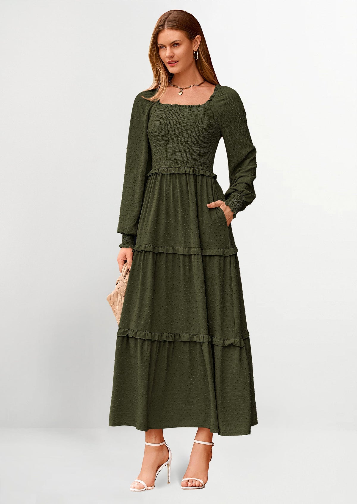 Beige Swiss Dot Smocked Tiered Maxi Dress - Long Sleeve, photo 42