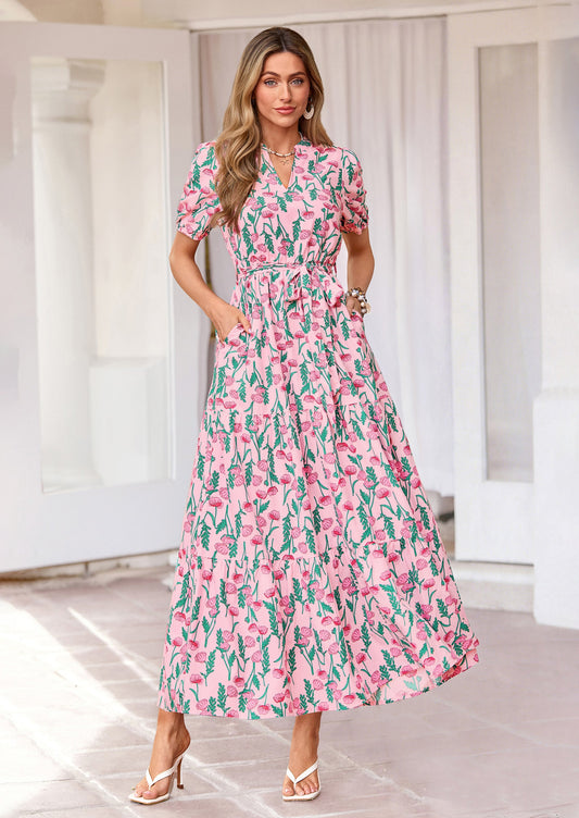 Floral Pink Multicolored Floral Maxi Dress - Short Sleeve, Photo 1