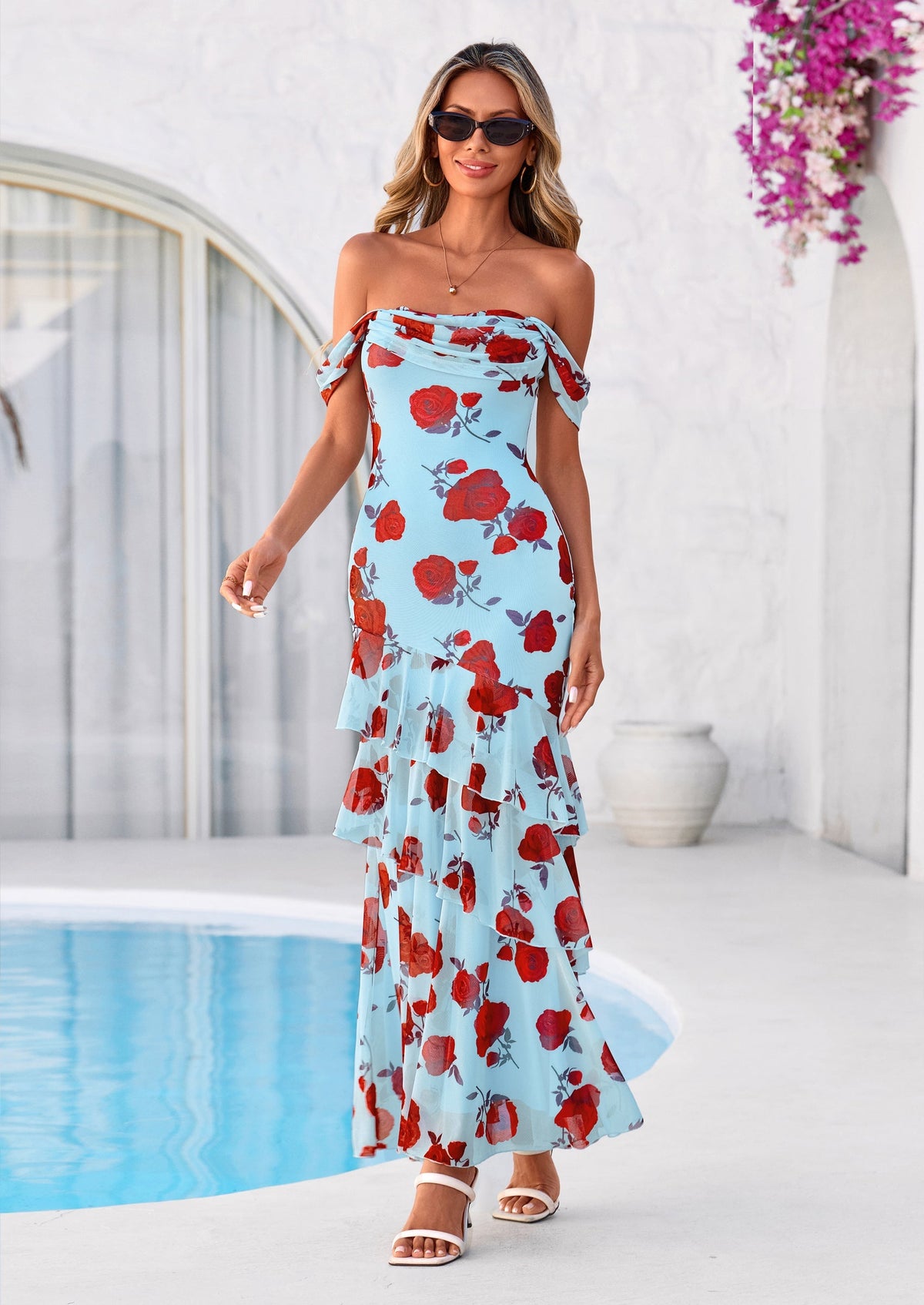 Floral Blue Green Floral Mesh Bodycon Maxi Dress - photo 27