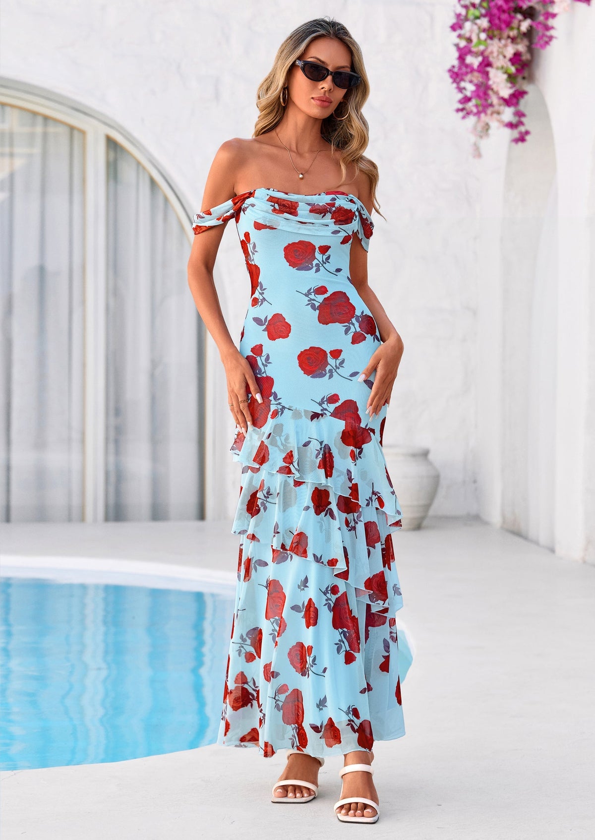 Floral Blue Green Floral Mesh Bodycon Maxi Dress - photo 25