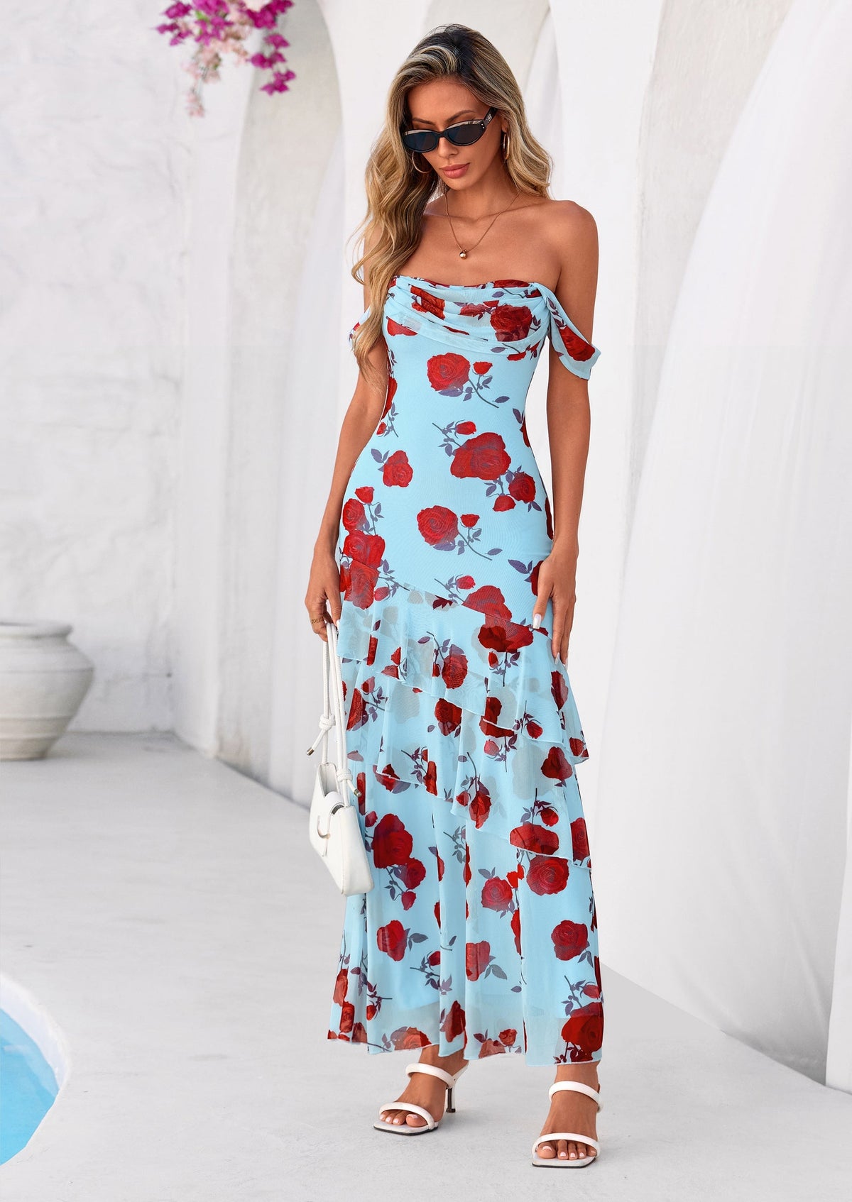 Floral Blue Green Floral Mesh Bodycon Maxi Dress - photo 29