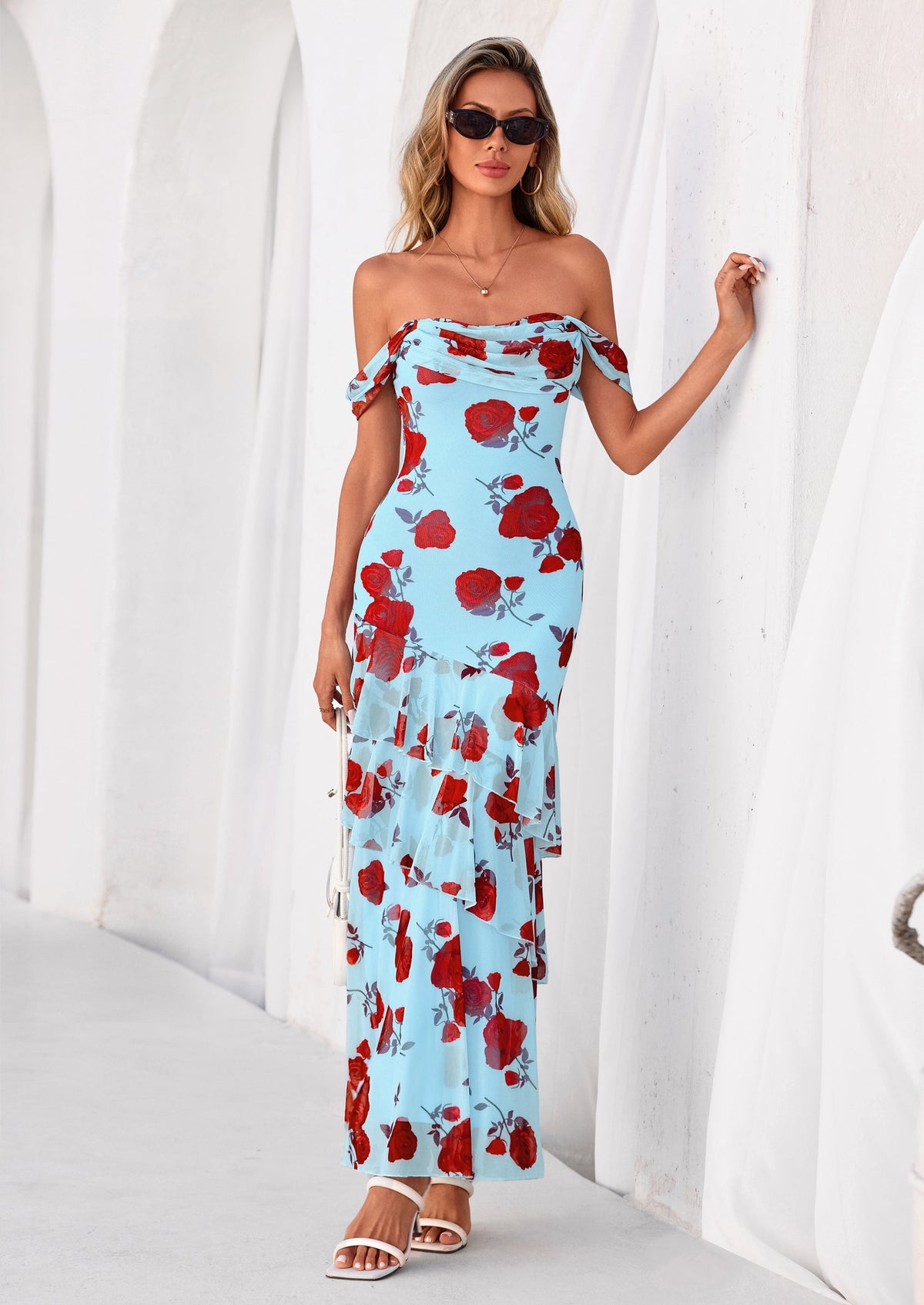 Floral Blue Green Floral Mesh Bodycon Maxi Dress - photo 30