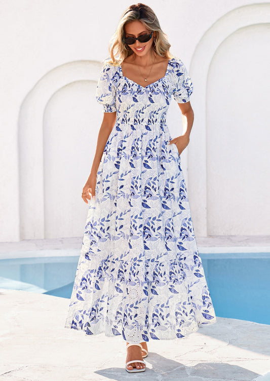 Floral Eyelet Flowy Maxi Dress - Short Sleeve, Boho - photo 1