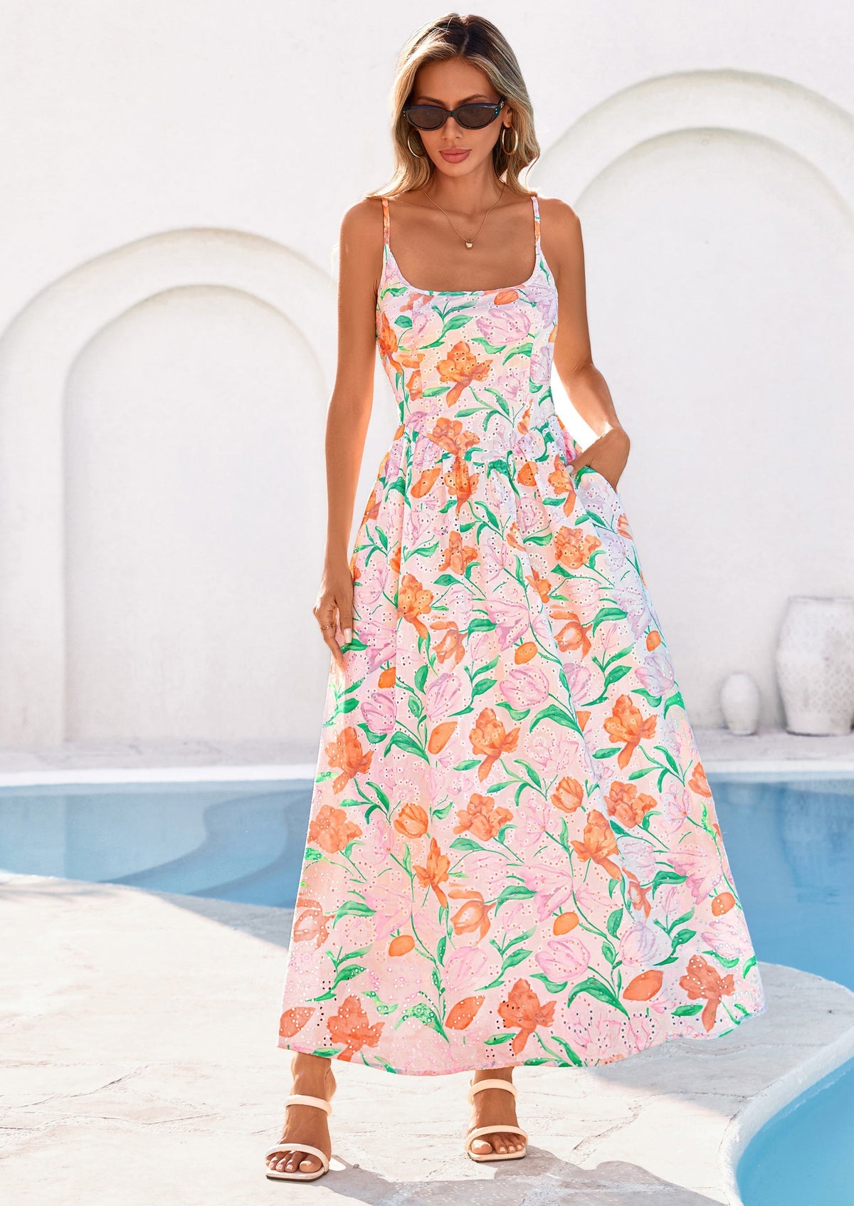 Eyelet Floral Flowy Maxi Dress - Spaghetti Strap, Square - photo 13