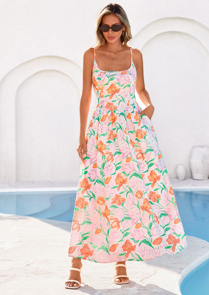 Eyelet Floral Flowy Maxi Dress - Spaghetti Strap, Square - photo 13