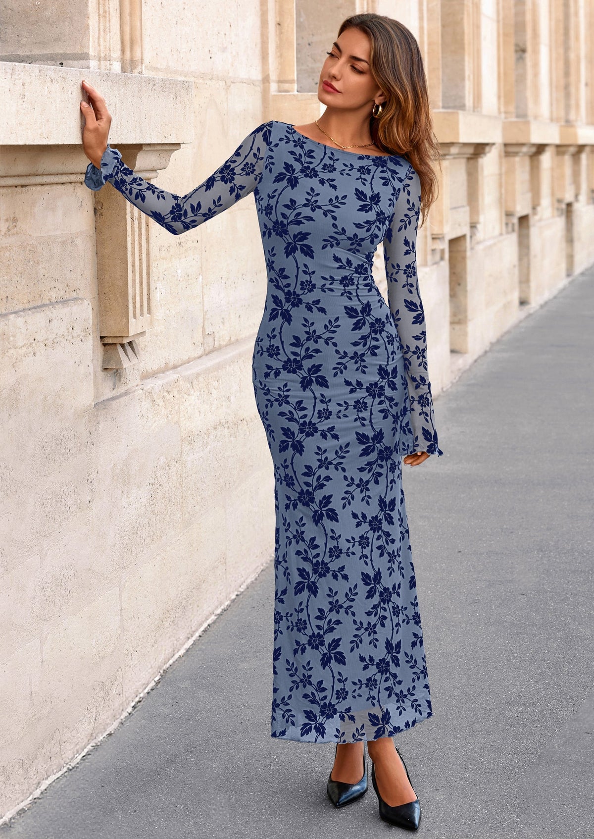 Floral Mesh Bodycon Maxi Dress - Long Sleeve, Boat Neck, photo 45