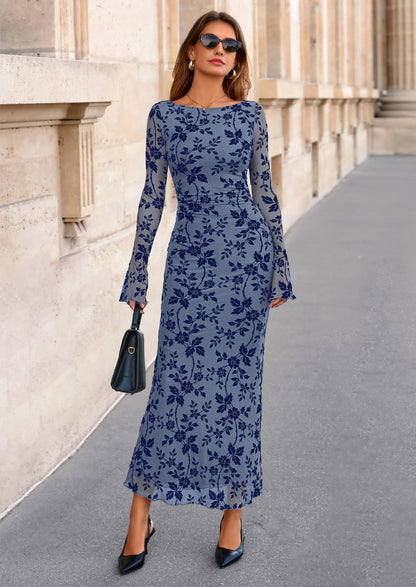 Floral Mesh Bodycon Maxi Dress - Long Sleeve, Boat Neck, photo 46