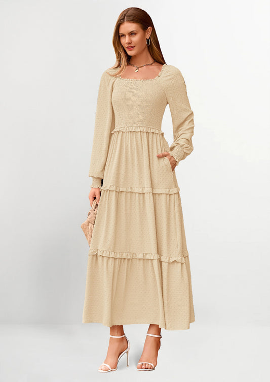 Beige Swiss Dot Smocked Tiered Maxi Dress - Long Sleeve, photo 1