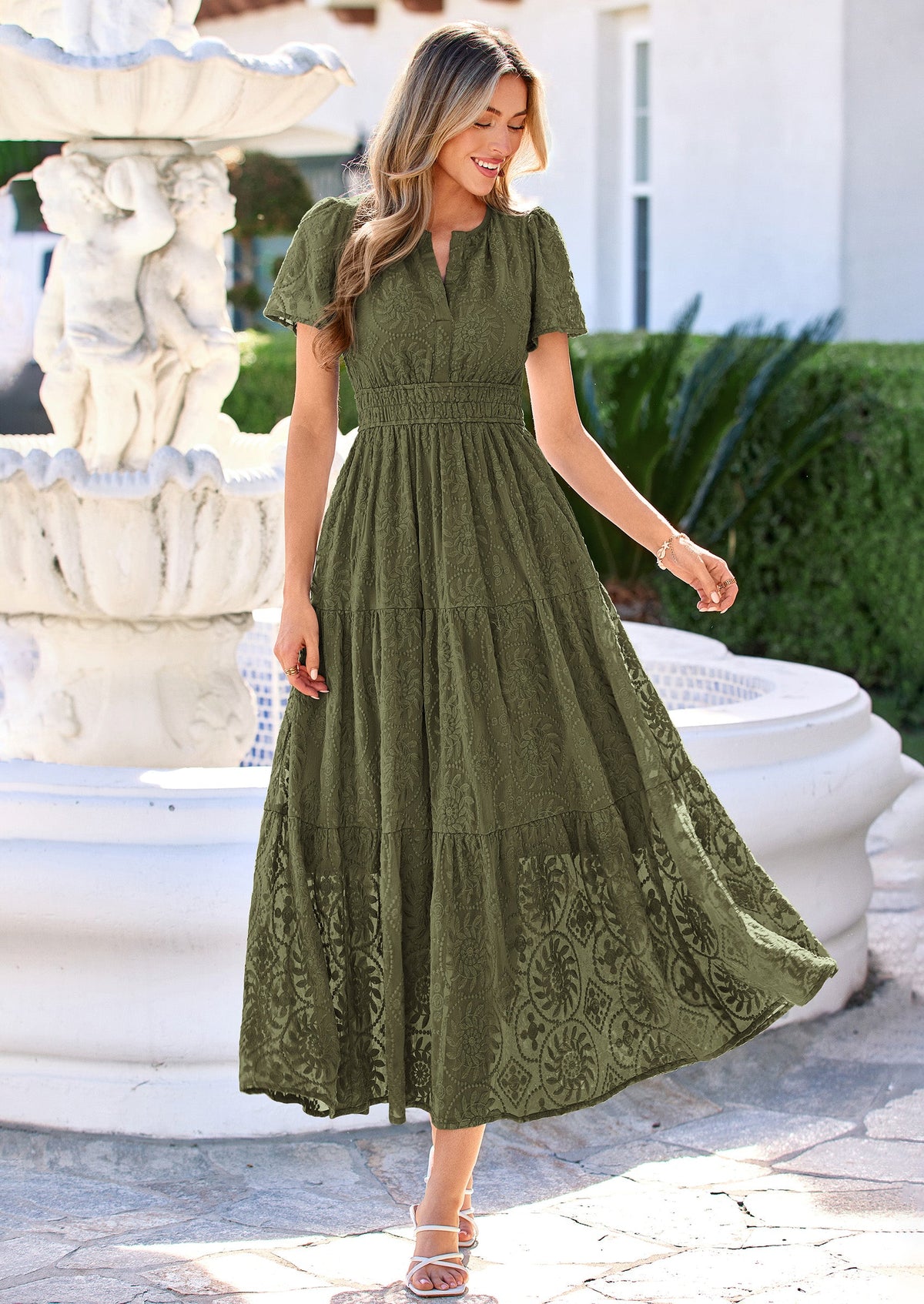 Floral A-Line Maxi Dress - Short Sleeve, V-Neck, Boho - Photo 39