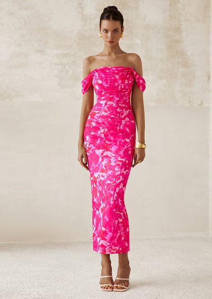 Floral Mesh Ruched Maxi Dress - Off-Shoulder, Cocktail - photo 3
