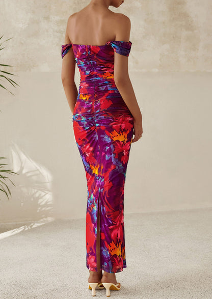 Floral Mesh Ruched Maxi Dress - Off-Shoulder, Cocktail - photo 15