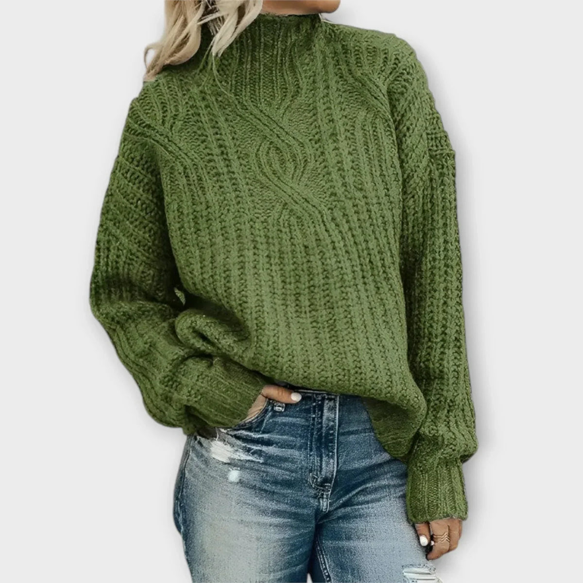 Beige cable-knit high-neck sweater with relaxed fit and sleek silhouette for women