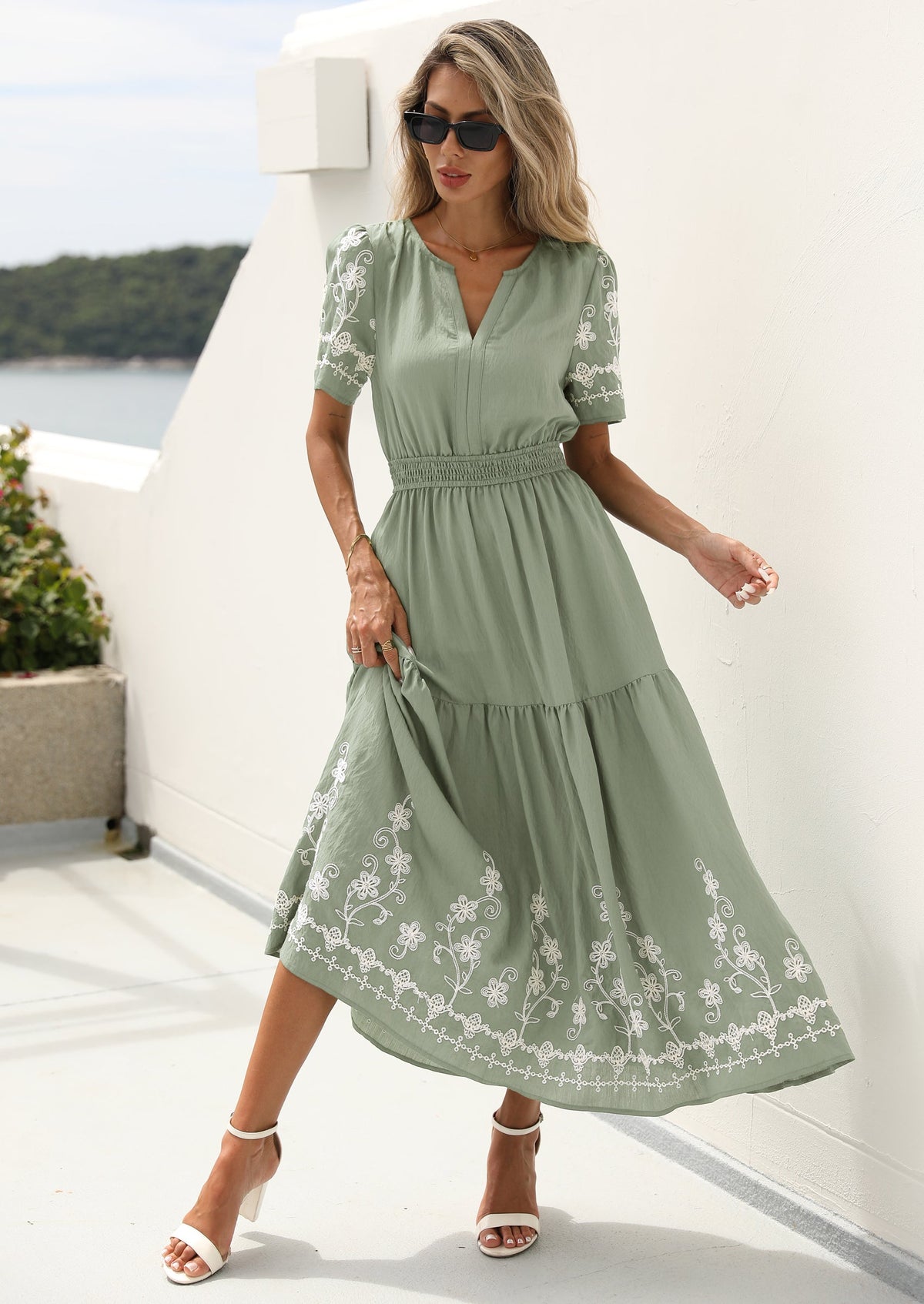 Floral A-Line Flowy Maxi Dress - Short Sleeve, V-Neck, Boho - photo 3