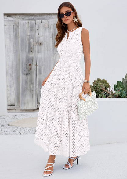 Eyelet A-Line Flowy Maxi Dress - Sleeveless, V-Neck, Beach - photo 11