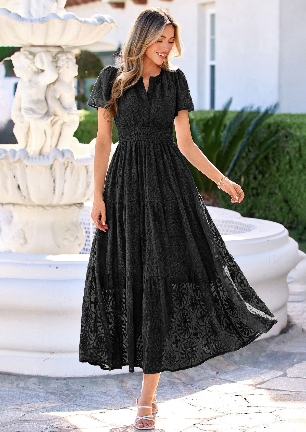Floral A-Line Maxi Dress - Short Sleeve, V-Neck, Boho - Photo 15