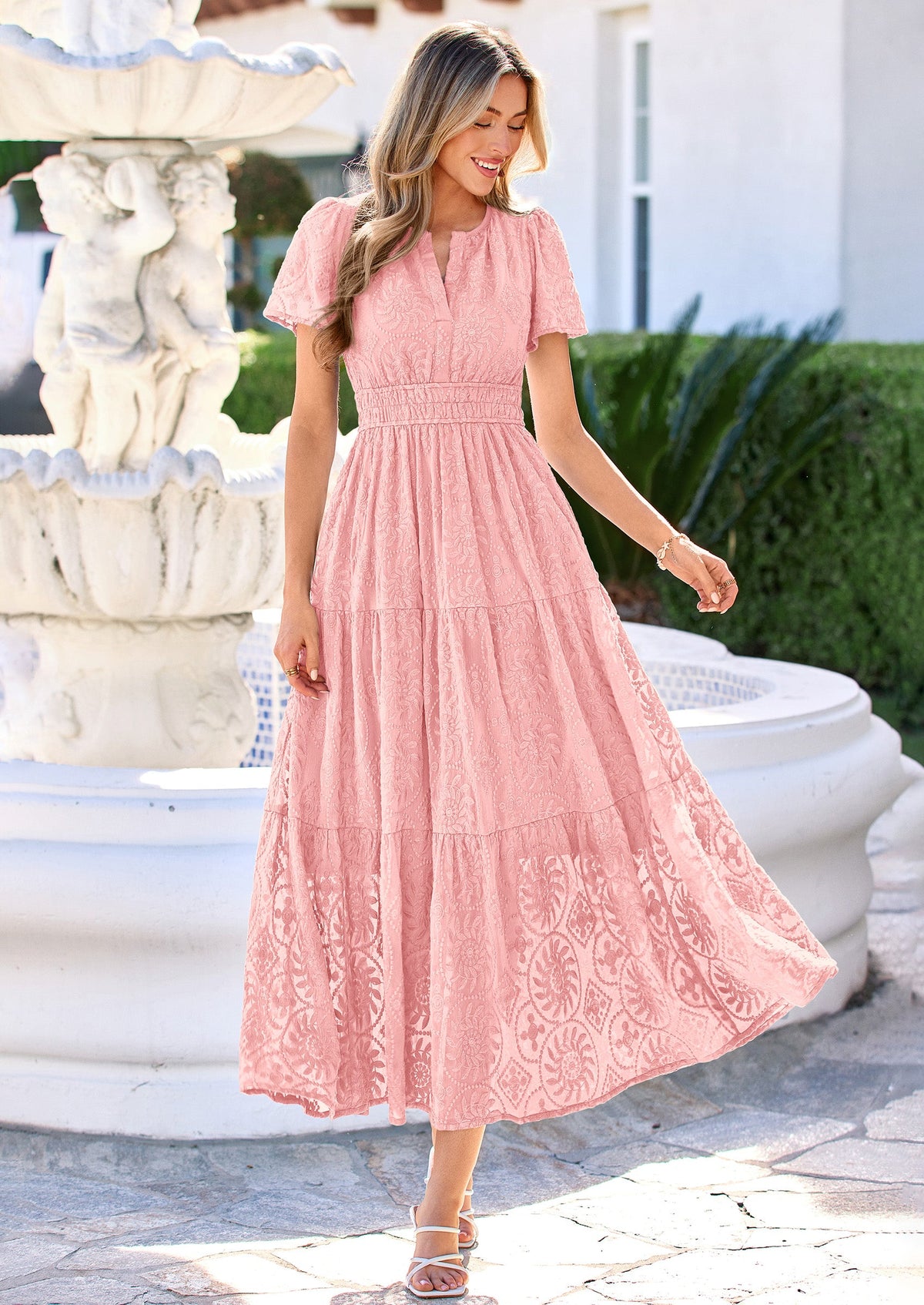 Floral A-Line Maxi Dress - Short Sleeve, V-Neck, Boho - Photo 3