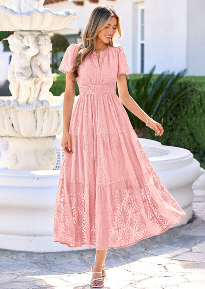 Floral A-Line Maxi Dress - Short Sleeve, V-Neck, Boho - Photo 3