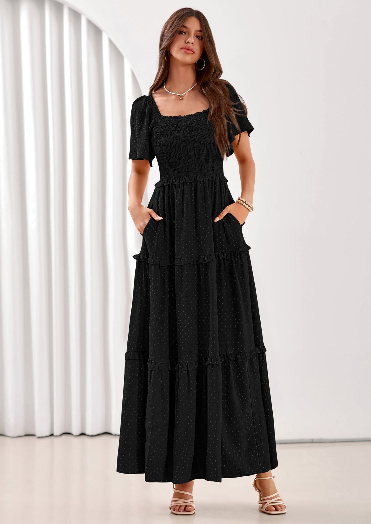 Swiss Dot Smocked Maxi Dress - Short Sleeve, Square Neck, Boho - photo 12
