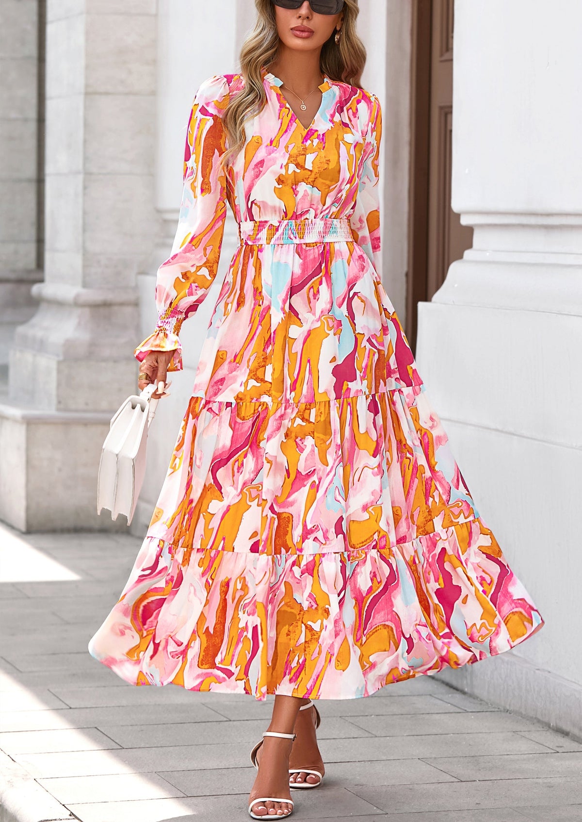 Floral A-Line Flowy Maxi Dress - Long Sleeve, V-Neck, Casual - photo 78