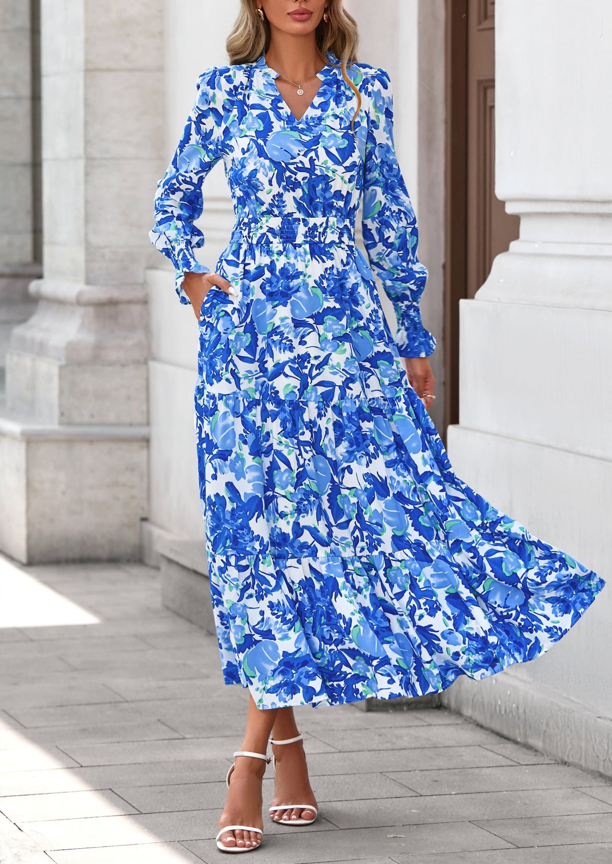 Floral A-Line Flowy Maxi Dress - Long Sleeve, V-Neck, Casual - photo 64